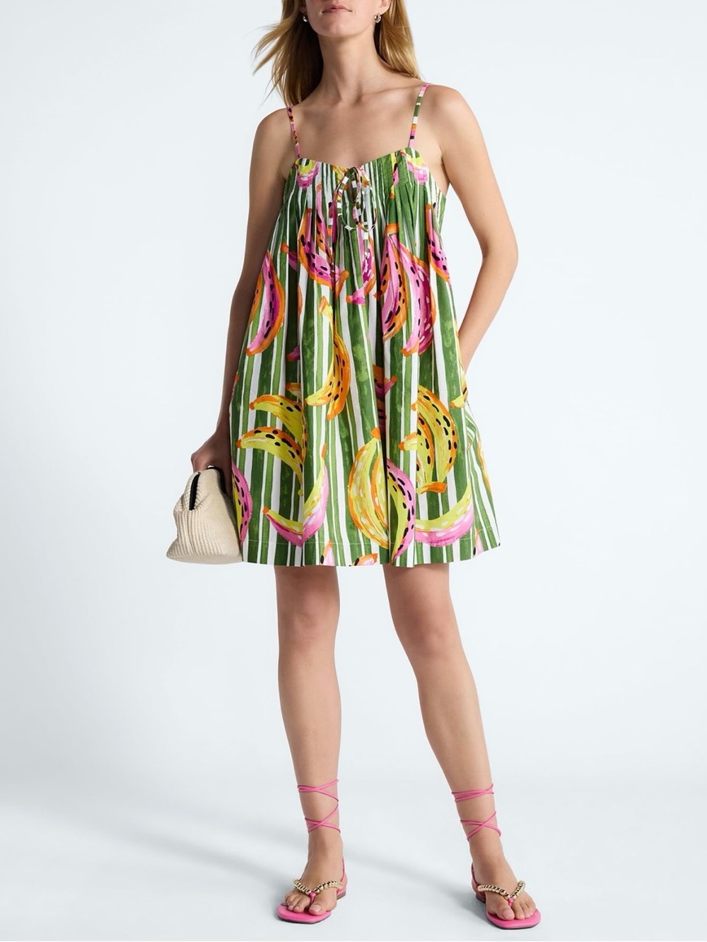 Green Striped Banana Print Cotton Pintuck Sundress